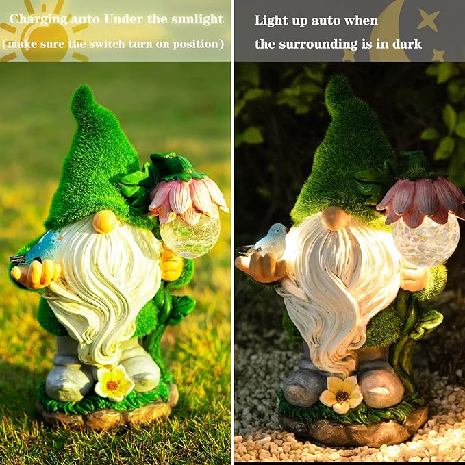 Garden Gnome Statue - Funny Gnome Decoration Hold Flower with Solar Crackle Glass Globe Lights, Resin Gnome Figurine Ornament for Patio Yard Lawn Porch Outdoor Decor