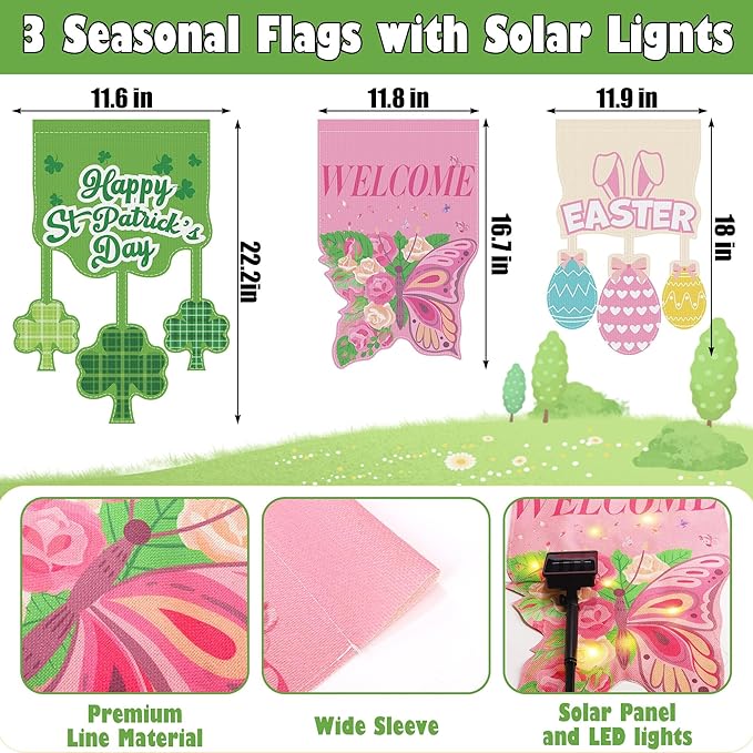 3 Set Seasonal Garden Flags with 8 Modes Solar LED Double Sided 12 x 18 Inch Small Yard Flags Outdoor Lighted Welcome Spring Easter St. Patrick's Day Clover Garden Decor for All Seasons