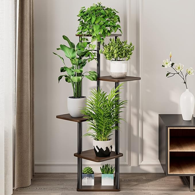 AZERPIAN Plant Stand 5 Tier Indoor Metal Flower Shelf for Multiple Plants Corner Tall Flower Holders for Patio Garden Living Room Balcony Bedroom, Black Oak (5 Tier-Black Oak)