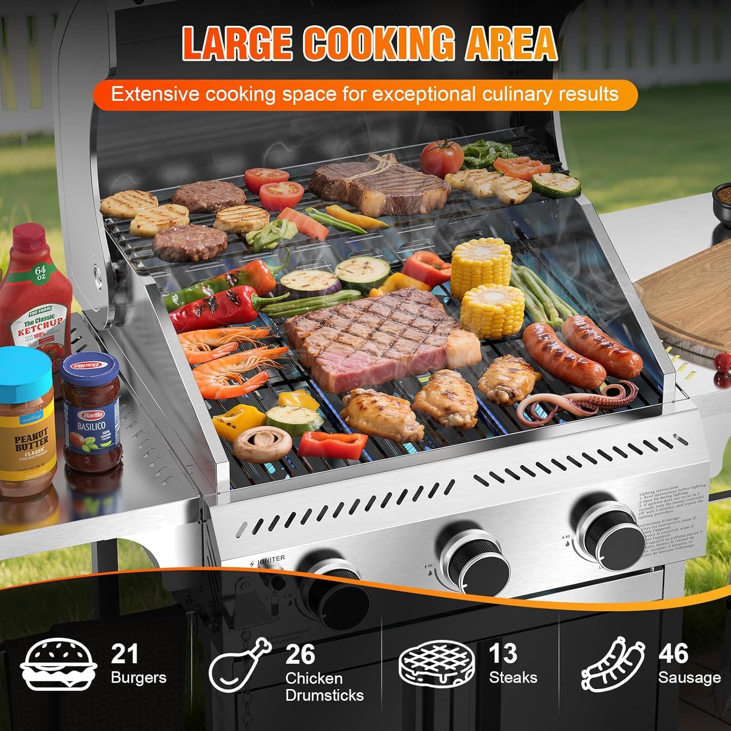 3-Burner Gas Grill with Folding Side Tables,Stainless Steel 24,000 BTU BBQ Grill,Outdoor Propane Grill for Barbecue,Patio,Camping