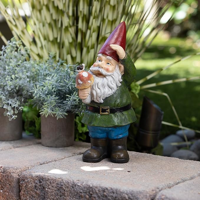 Alpine Corporation 12" Tall Outdoor Garden Gnome with Mushroom Yard Statue Decoration