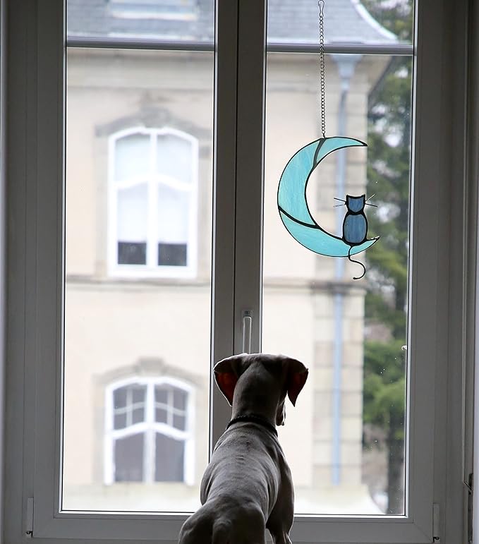 Black Cat On Bule Moon Stained Glass