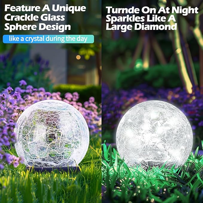 Garden Solar Ball Lights Outdoor Waterproof, 50 LED Cracked Glass Globe Solar Power Ground Lights for Path Yard Patio Lawn, Outdoor Decoration Landscape White (2 Pack 4.7'')