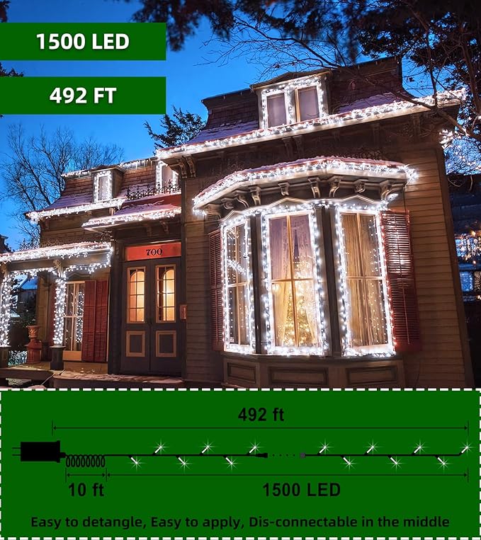1500 LED Chrstmas String Lights, 492FT Super Long Christmas Lights with 8 Modes, Christmas Tree Lights with Timer Memory for Indoor Outdoor Tree Fence Garden Xmas Wedding Party Decor Cool White