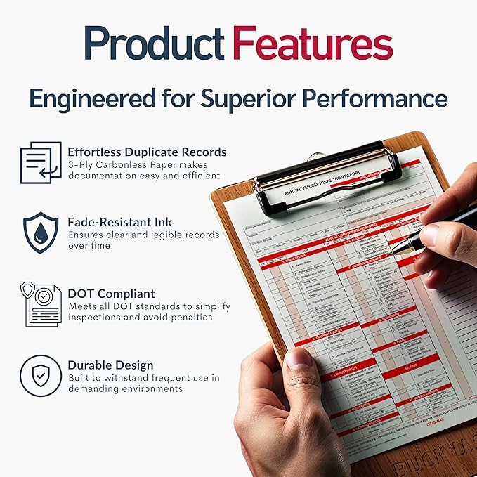 5 Pack 3-Ply Carbonless Annual Vehicle Inspection Report Forms with FMCSA Red Aluminum Labels & White Mylar Laminate Vinyl Labels, DOT Inspection Forms and Stickers, Shrink-Wrapped, 8.5" x 11.75"