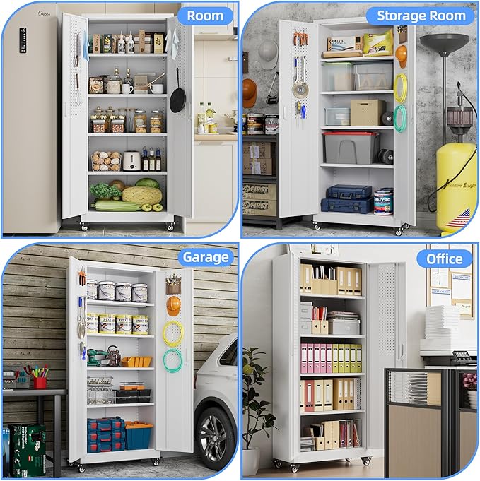 73" H Metal Garage Storage Cabinet with Wheels & Pegboard,Rolling Tool Cabinet with 2 Doors and 4 Shelves for Garage,Home,Office,Warehouse,Workshop, Required-Assembly,White