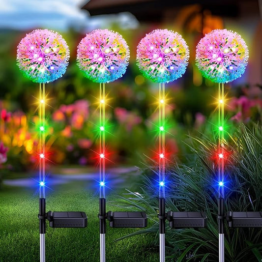 4 Pack Dandelion Solar Outdoor Lights Decorative with Colorful String Lights, Upgraded Waterproof Solar Garden Decor for Yard, Patio, Landscape Decoration