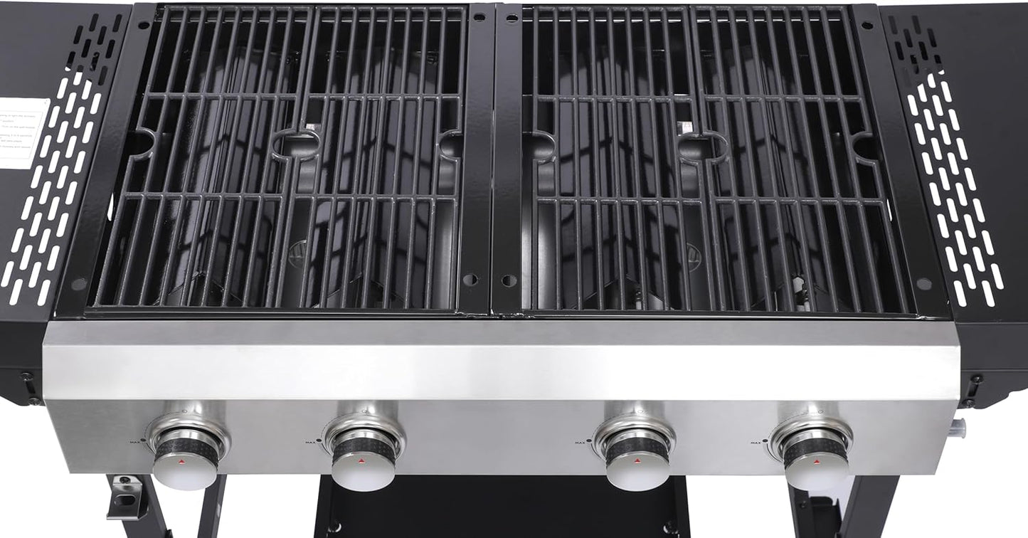 4-Burner Propane Gas BBQ Grill with SS Plancha, 38,200 BTU Output, Wire Enamel Cooking Grids, Foldable Side Table and Hanging Basket, Heavy-Duty Stainless Steel Grill