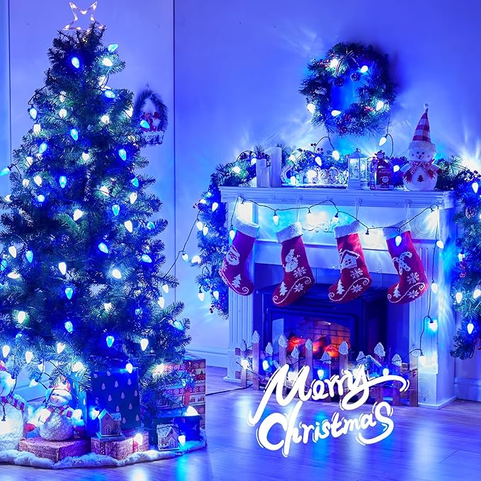 Brightown C9 LED Christmas String Lights, 66ft 100 LED Waterproof Strawberry String Lights, Plug-in Extendable Green Wire Lights String for Outdoor Outside Patio Party Decoration, Blue and White
