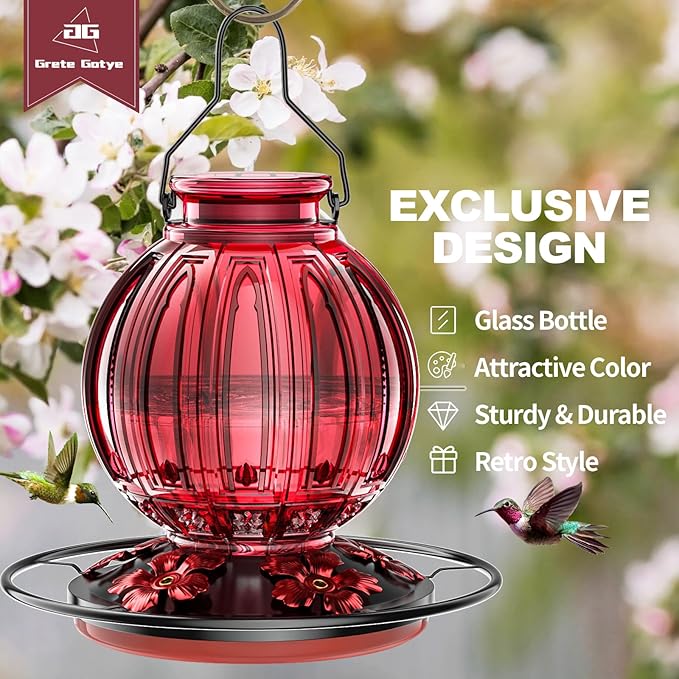Glass Hummingbird Feeder for Outdoors Hanging, 26Oz Bird Nectar Feeder with Perch & 5 Flower Feeding Ports, Leak Proof for Outside Garden Decor Backyard, Gifts for Women Mom, Red