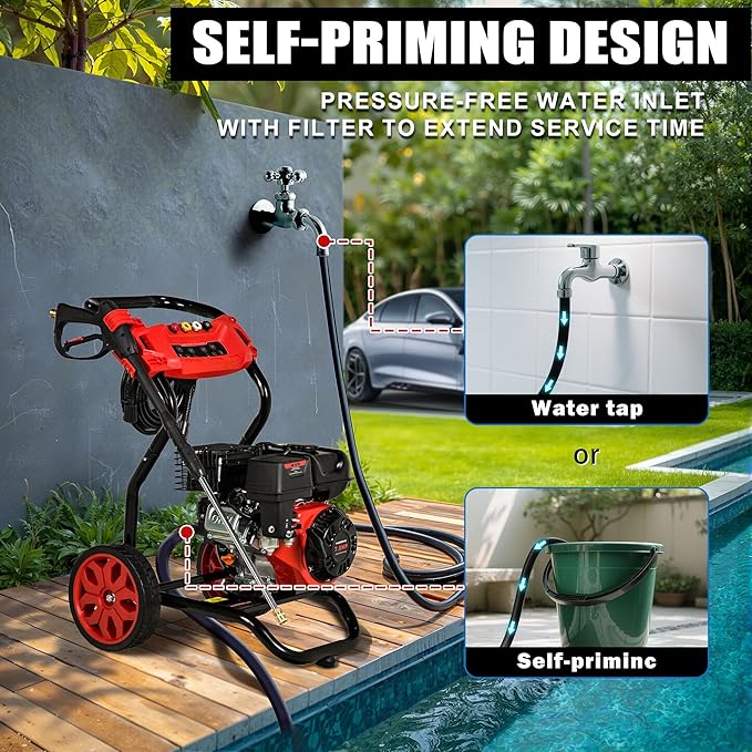 Gas Pressure Washer, 3950 PSI and 2.6 GPM, 7HP Engine with Copper Pump, 25FT Hose and Foam Cannon, 4 Nozzles, for Cars, Driveways, Fences