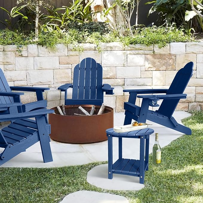 Adirondack Round Outdoor Side Table 2-Tier Storage Patio Side Table, HDPE End Tables for Backyard Pool Porch Garden Lawn (Blue)