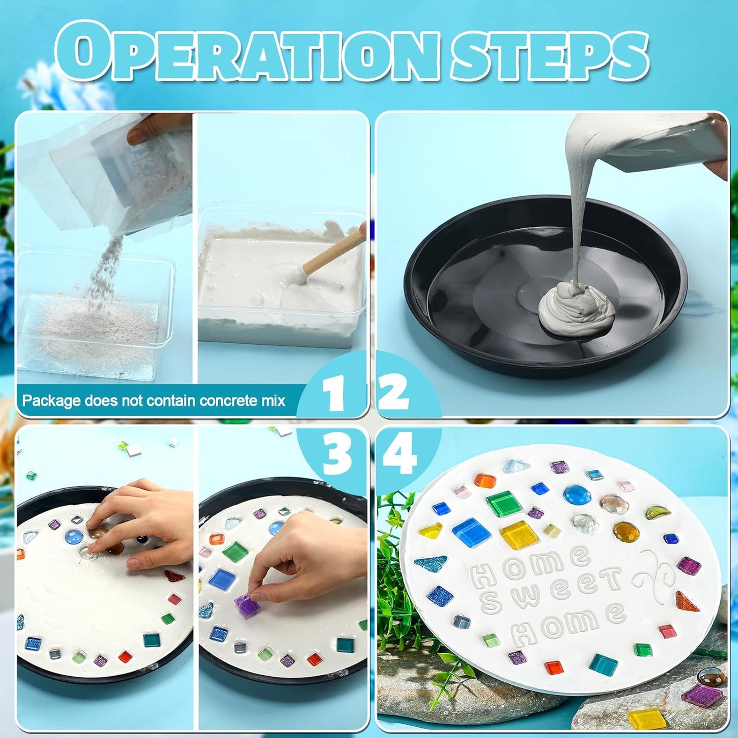 5 Pcs 3 Size Stepping Stone Kit for DIY Outdoor Garden Stepping Stone Includes Cement Molds Mosaic Tiles and Concrete Letter Stamps No Concrete Mix(Black)