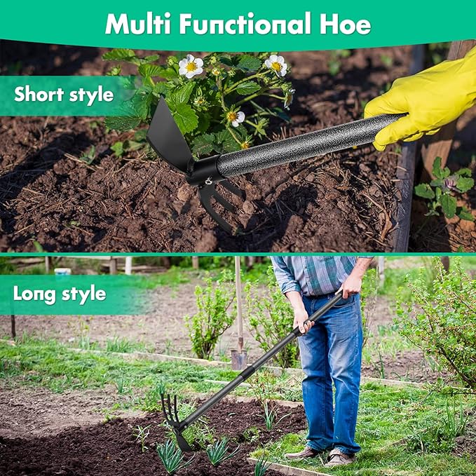 Garden Hoe and Cultivator, 31 Inch Long Heavy Duty Hand Hoe Garden Tool with Tiller,2 Section Handle, Carbon Steel Blade, Cultivator Hoe Garden Tools for Loosening Soil, Weeding Garden Tools