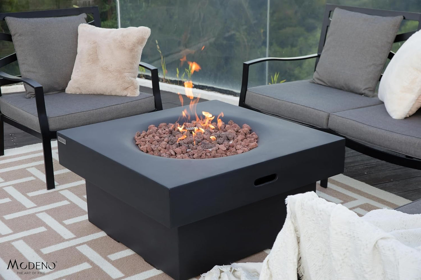 AMS Fireplace | Modeno Branford Package | Black Natural Gas Fire Pit Table for Outside Patio Bundle with Wind Guard, SS Burner Lid | Free Ice Bucket & Rubber Mat