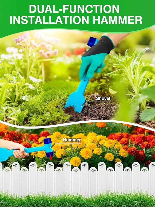 20PCS White Garden Edging Borders, 9.76" H Plastic Fences Edging with Hammmer Shovel Gloves, 13.6Ft Decorative Interlocking Landscape Edging, Flexible Flower Bed Border for Patio