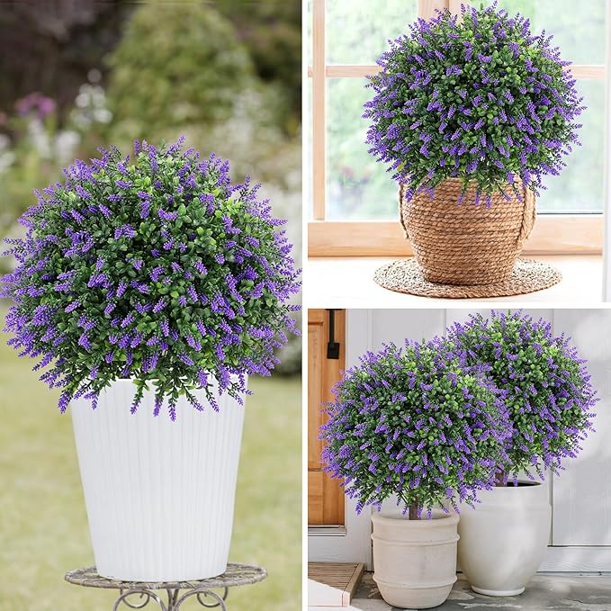 Artificial Lavender Topiary Ball Tree 25" with Ground Spike, Set of 2 Artificial Boxwood Bushes for Faux Shrubs, Fake Evergreen Faux Plant for Indoor Outdoor Porch Garden -UV Resistant–Fade-Proof