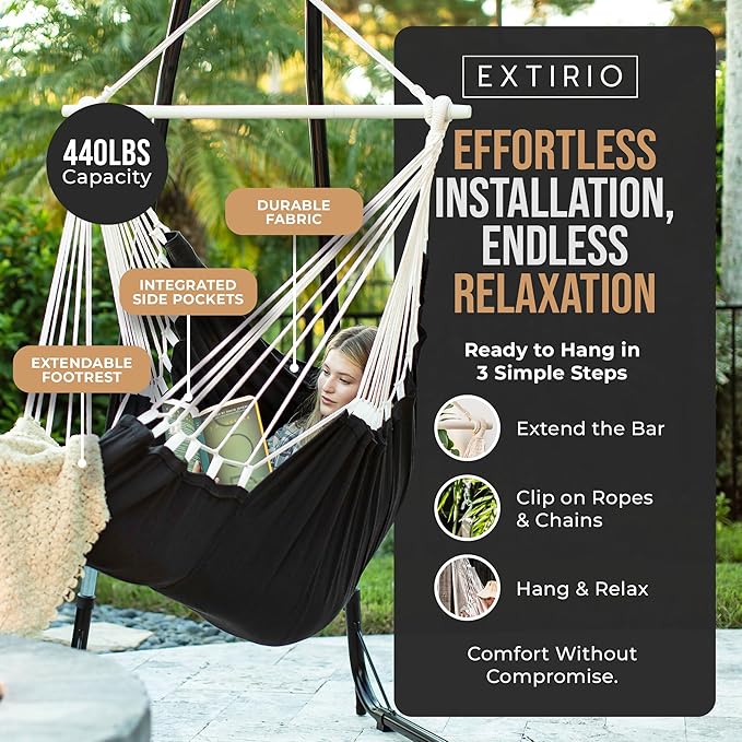 Hanging Hammock Chair Swing – Hanging Chair Outdoor & Indoor - Hammock Swing Chair – Quick & Easy Setup with Hardware Kit – Durable & Spacious Full Body Support – Holds 440 Lbs