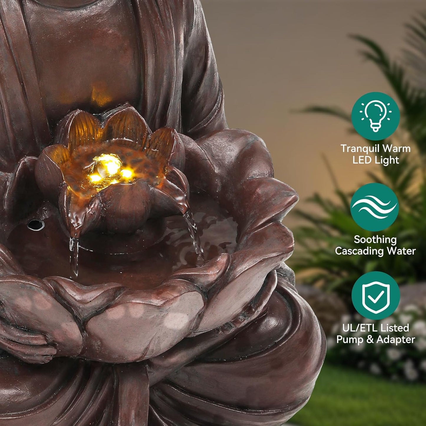 18.9" H Buddha Outdoor Water Fountain with LED Lights and Pump,Zen Style Relaxing Garden Fountain Waterfall for Patio, Porch, or Yard, Faux Bronze