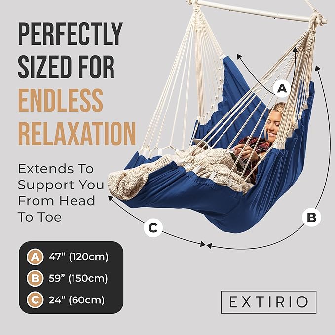 Hanging Hammock Chair Swing – Hanging Chair Outdoor & Indoor - Hammock Swing Chair – Quick & Easy Setup with Hardware Kit – Durable & Spacious Full Body Support – Holds 440 Lbs