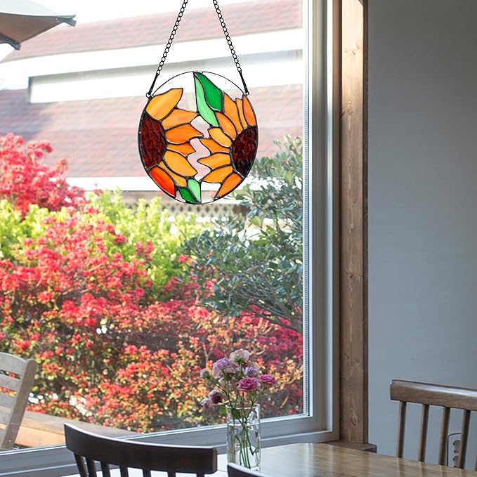 BOXCASA Sunflower Decor Stained Glass Window Hanging,Handmade Art Craft Sun Flower Glass Suncatchers for Window,Tiffany Style Ornament Home Decoration Housewarming Gifts for Mother