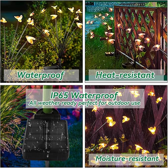 32 LED Spring Bee Garden Lights Solar Powered Honeybees Outdoor Decorations Swaying Lights Waterproof Solar Firefly Landscape Lights Warm Yellow for Pathway Yard Lawn Patio Walkway Courtyard(4Pack)
