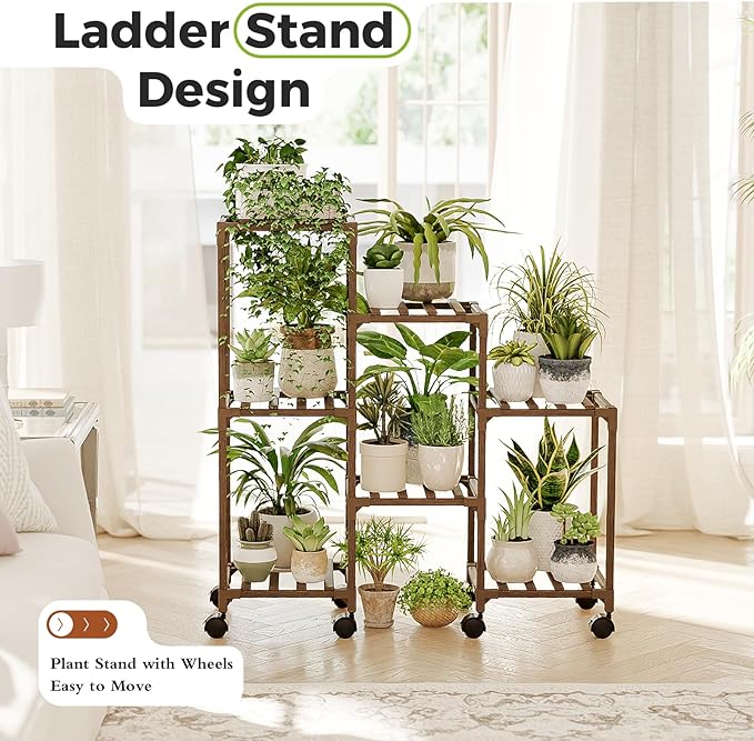Bamworld Plant Stand with Wheels for Indoor Plants Wood Outdoor Tiered Shelf 3 Tire 7 Potted Ladder Plant Holder Table Pot Stand for Window Garden Balcony Patio Living Room (natureDL)