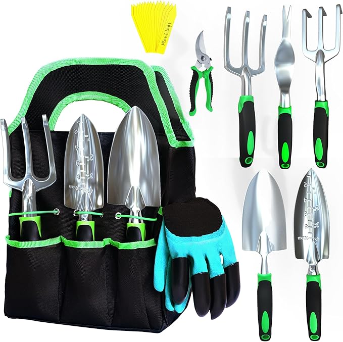 23-Piece Gardening Tools Set with Bag – Heavy-Duty Rust-Proof Hand Tools with Plastic Handles Includes 15 Plant Tags – Ideal Gift for Women, Men, Mom, Dad & Gardeners