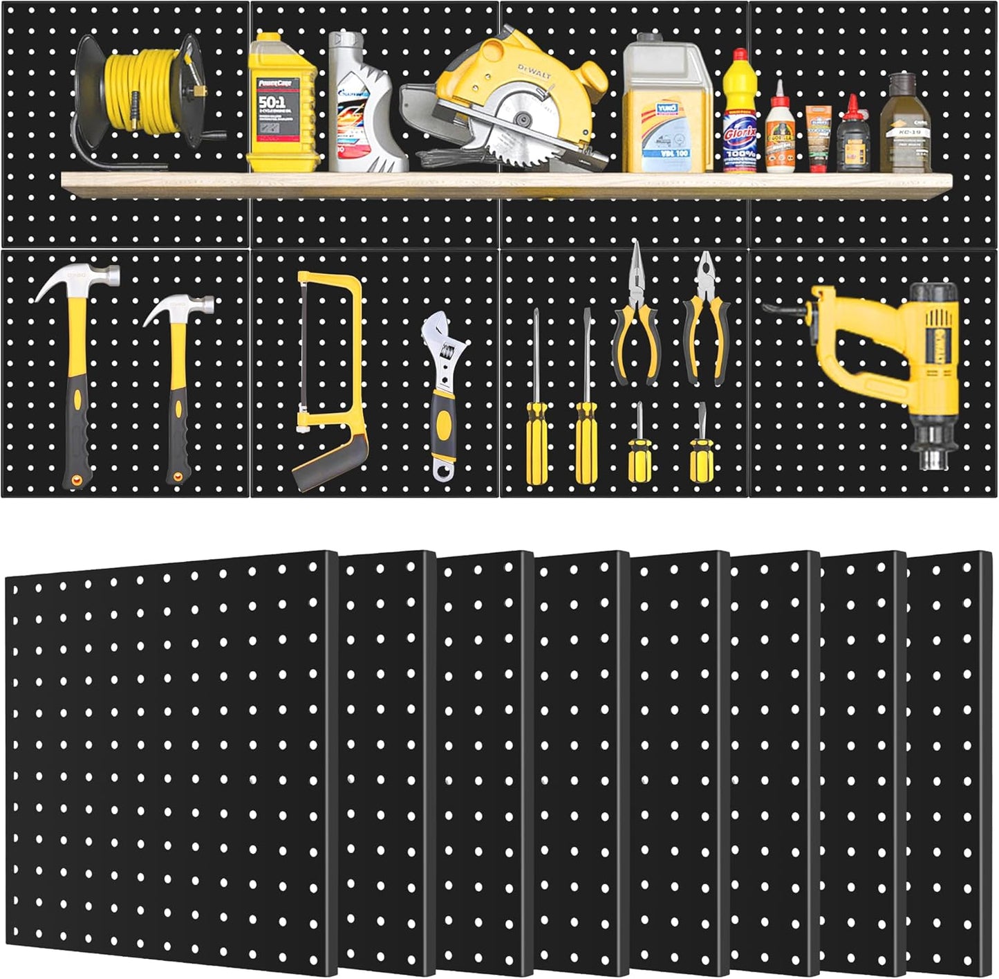 4 Pack Black Metal Pegboard Panels, Heavy Duty Steel Peg Boards Wall Organizer with Screw, Anchors and Washer Accessories for Garage, Tool Storage, Office Organization, Craft Room, Kitchen