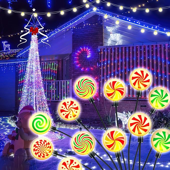 4 Pack 8 Patterns Christmas Decorations with 32 Lollipop Christmas Lights, Solar Christmas Lights Outdoor Waterproof with 8 Modes, Christmas Peppermint Candy Pathway Yard Decor for Garden/Lawn/Patio