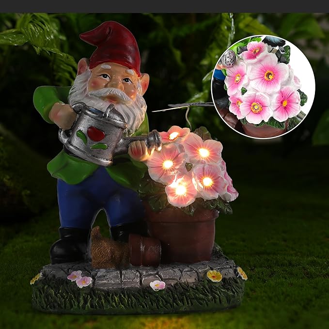 Gnome Figurine Garden Decor, Solar Resin Gnomes Outdoor Statue, Funny Gnome Gift Sculpture Decoration for Home Patio Yard Lawn Porch Ornament
