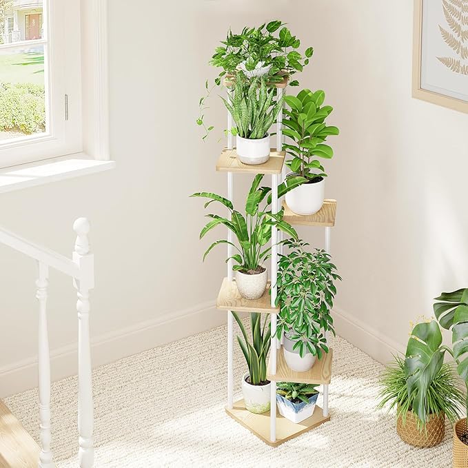 Bamworld Tall Plant Stand Indoor, 6 Tier Metal Plant Shelf for Multiple Plants, Corner Tiered Flower Stand for Patio Garden Balcony Living Room Bedroom(White)