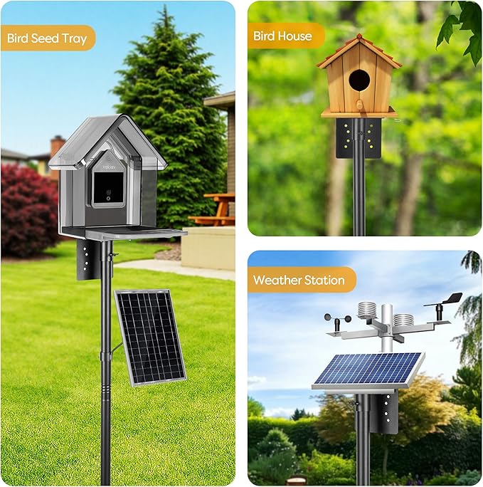 Bird House Pole Kit, Heavy-Duty Adjustable Pole for Outdoors with 5 Prongs Base,Metal Universal Support Pole for Bird Feeders,Solar Pannel,Black