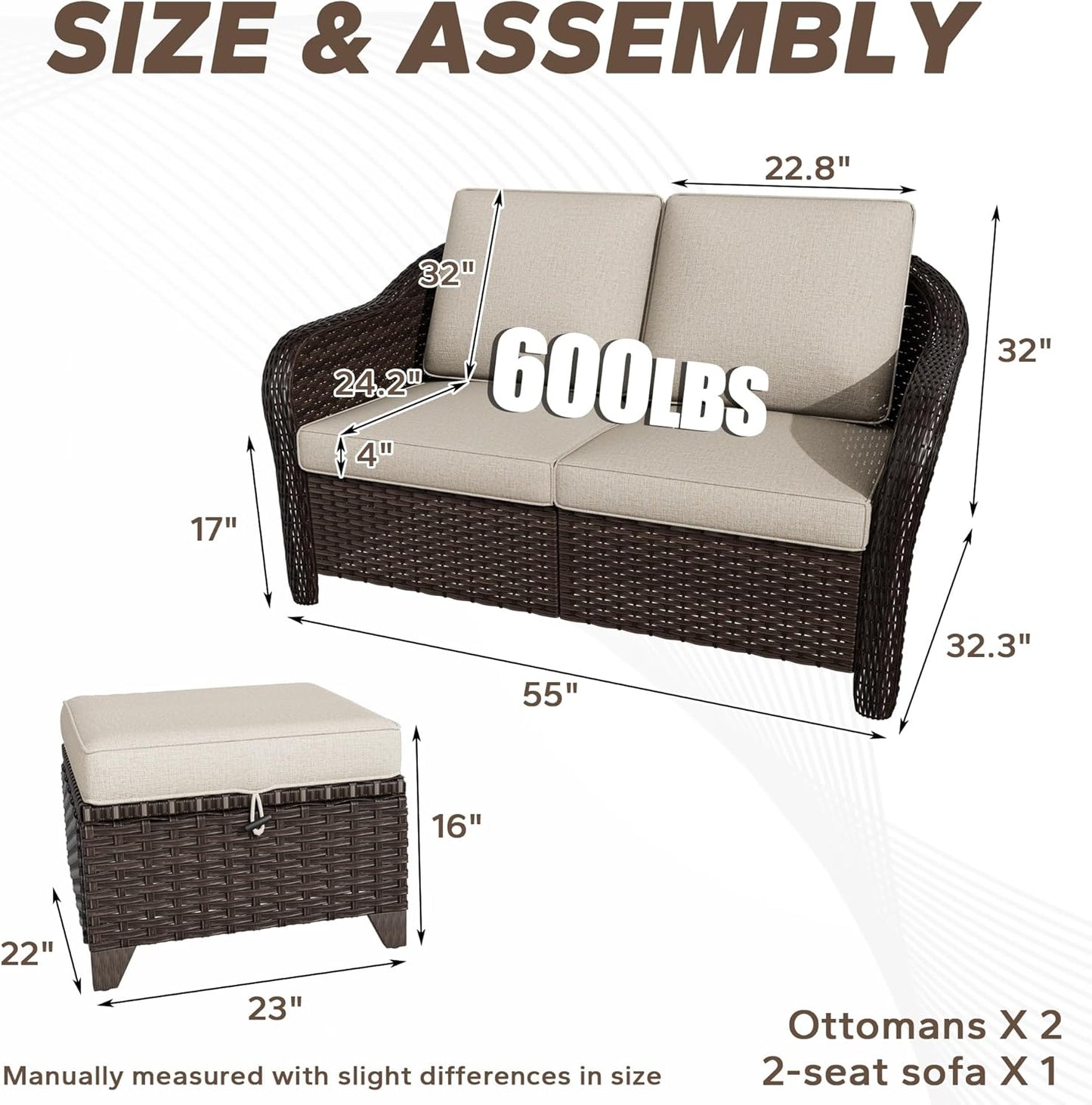 3 Pieces Patio sectional Sofa Set, Outdoor Conversation Furniture Set, 55" Patio Couch with 2 Ottomans, Rattan Wicker Sofa with Removable Cushions for Bistro, Deck (Beige)