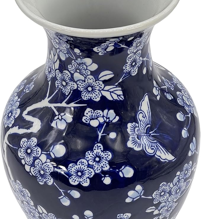 Galt International Dark Blue Floral Chinoiserie Ceramic Vase 14"- Hand Painted Antique Style Porcelain Butterfly & Flower Bottle Fishtail Porcelain Chinese Vase for Home Decor Centerpiece