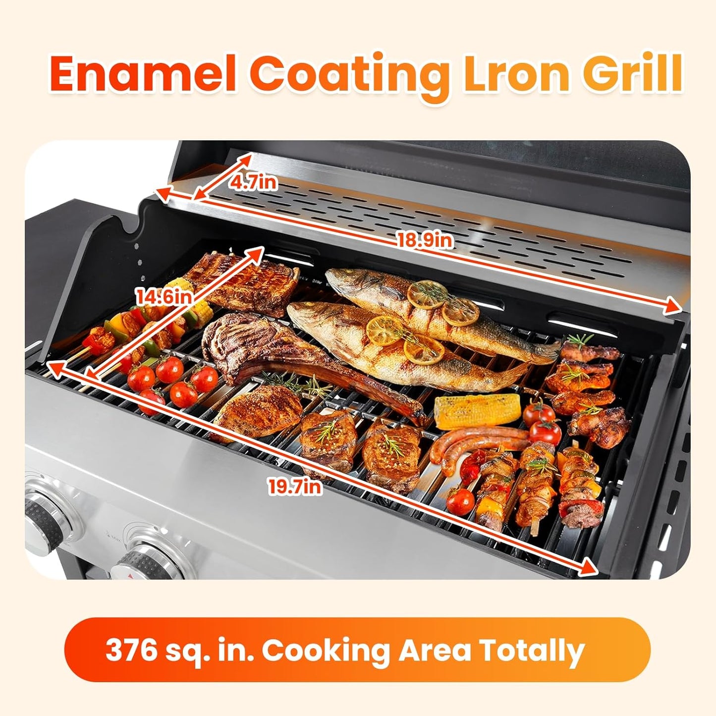 3-Burner Propane Gas BBQ Grill with Side Burner, Porcelain-Enameled Cast Iron Grates and Side Tables, 40,500 BTU Stainless Steel Grill for Outdoor Camping Barbecue Grilling Backyard Cooking