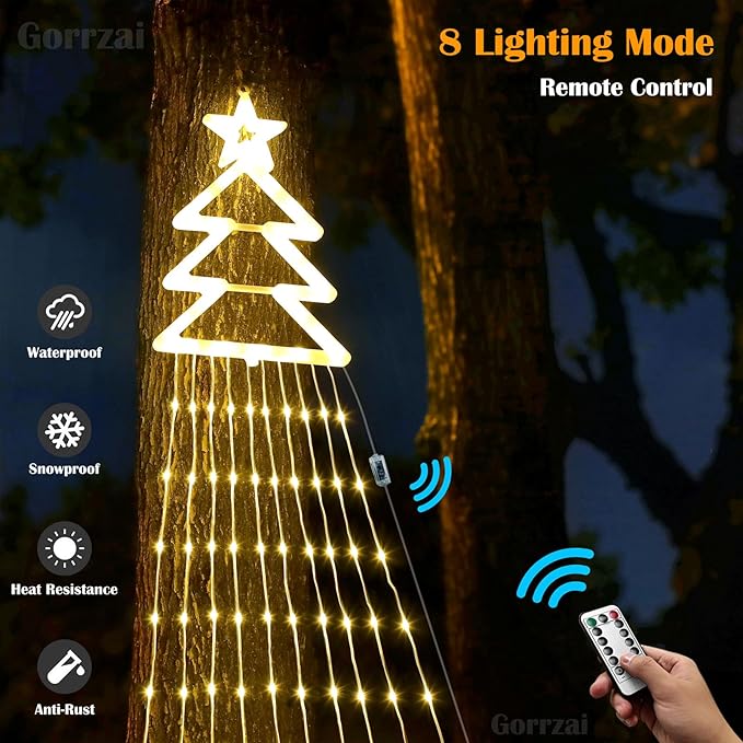 420 LED Outdoor Christmas Decorations Star String Lights Waterproof Christmas Tree Topper, 8 Lighting Modes Waterfall Lights for Tree Patio Garden Yard Party (Warm White)