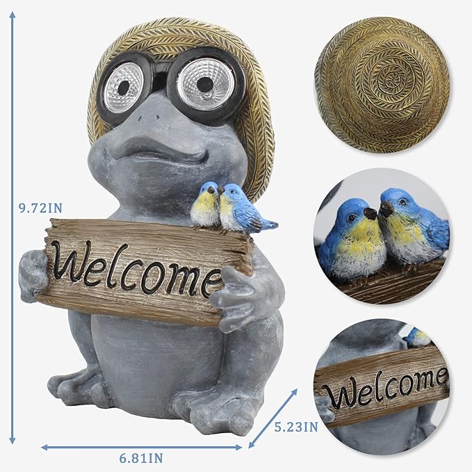 Garden Statue of Frog with Solar Light Eyes,Solar Decor Frog Outdoor Decorations,Frogs Figurine for Patio, Balcony, Yard, Lawn Ornament,Perfect Garden Gift,9.72inch