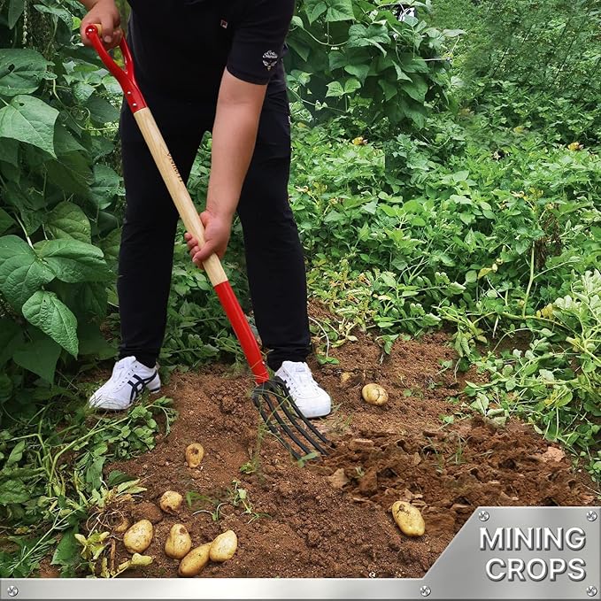 Garden Fork,4-Tine Spading Fork,Compost Fork,Steel Digging Fork,45Inch,Steel Y-Grip,Wooden Handel