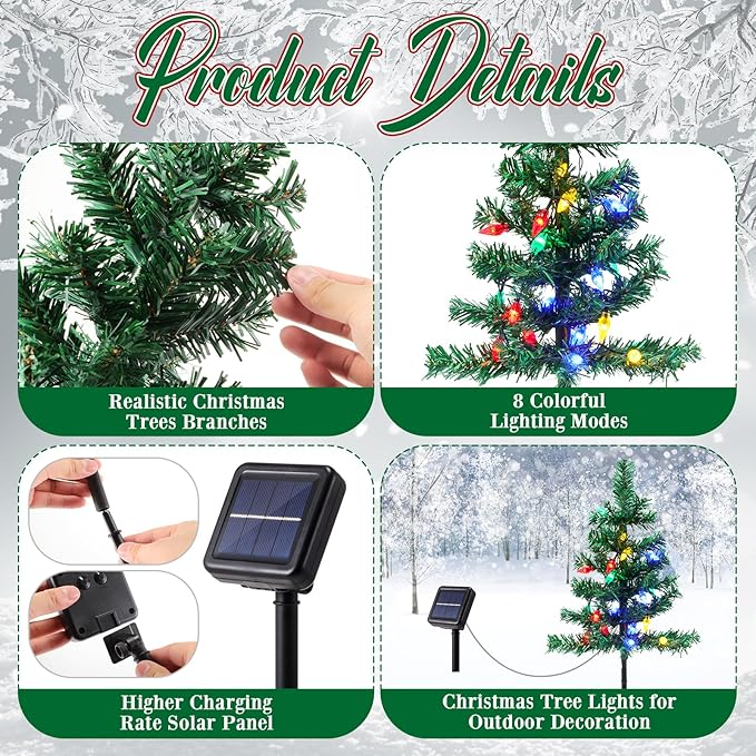 4 Pcs Solar Christmas Tree Outdoor Christmas Decorations 30 Inch Prelit Waterproof Xmas Tree Yard Stake Lights with 80 LED for Yard Pathway Cemetery Patio Christmas Garden Outside Decor