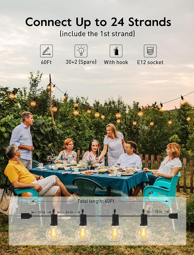 Brightown 60FT LED Outdoor Deck Lights - 2 Pack Patio Lights with 30 Shatterproof Clear Dimmable Edison Bulbs, Waterproof Connectable Hanging Lights for Outside Backyard Porch Party Christmas Decor