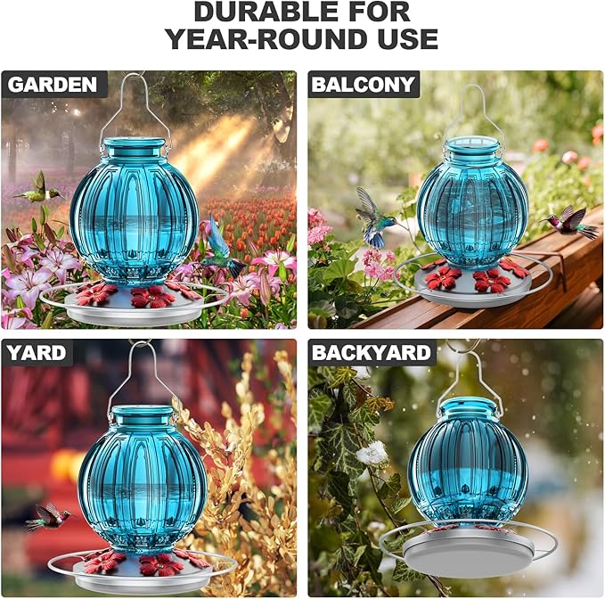 Glass Hummingbird Feeder for Outdoors Hanging, 26Oz Bird Nectar Feeder with Perch & 5 Flower Feeding Ports, Leak Proof for Outside Garden Decor Backyard, Gifts for Women Mom, Blue