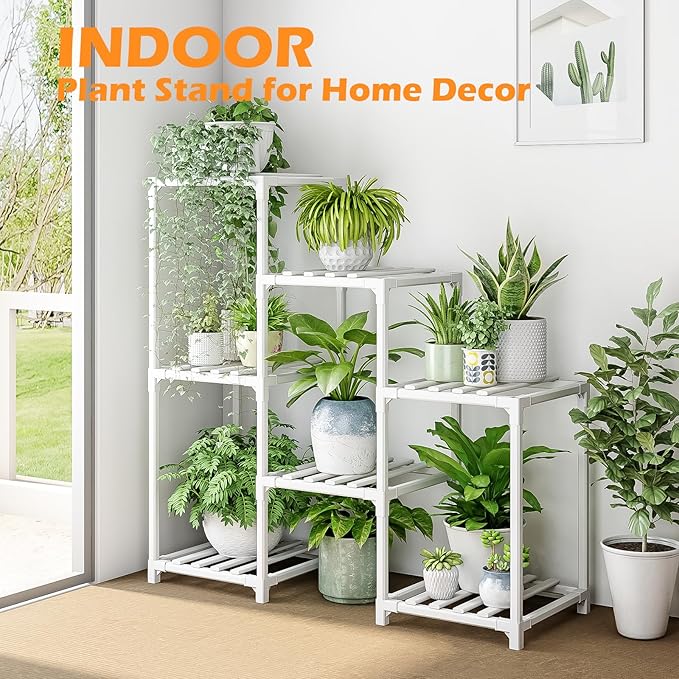 Bamworld Indoor Plant Stand Outdoor White Shelf Bamboo Plant Table for Multiple Plants 3 Tiers 7 Pots Ladder Holder Pot Window Garden Balcony Living Room