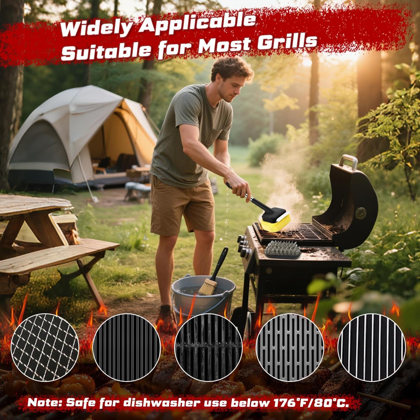 Grill Brush, Full Clean with One Set- Goldusk 19" Safe Replaceable Stainless Steel Grill Brush + Scraper + Bristle Free Steam Grill Brush for Outdoor Grill Accessories BBQ Brush Barbecue Gifts for Men