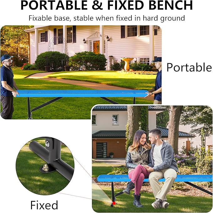 8 Feet Heavy Duty Metal Park Bench for Outside, Outdoor Bench with Portable Frame, Commercial Benches for Shopping Mall, Store, Park, Patio, Deck, Blue