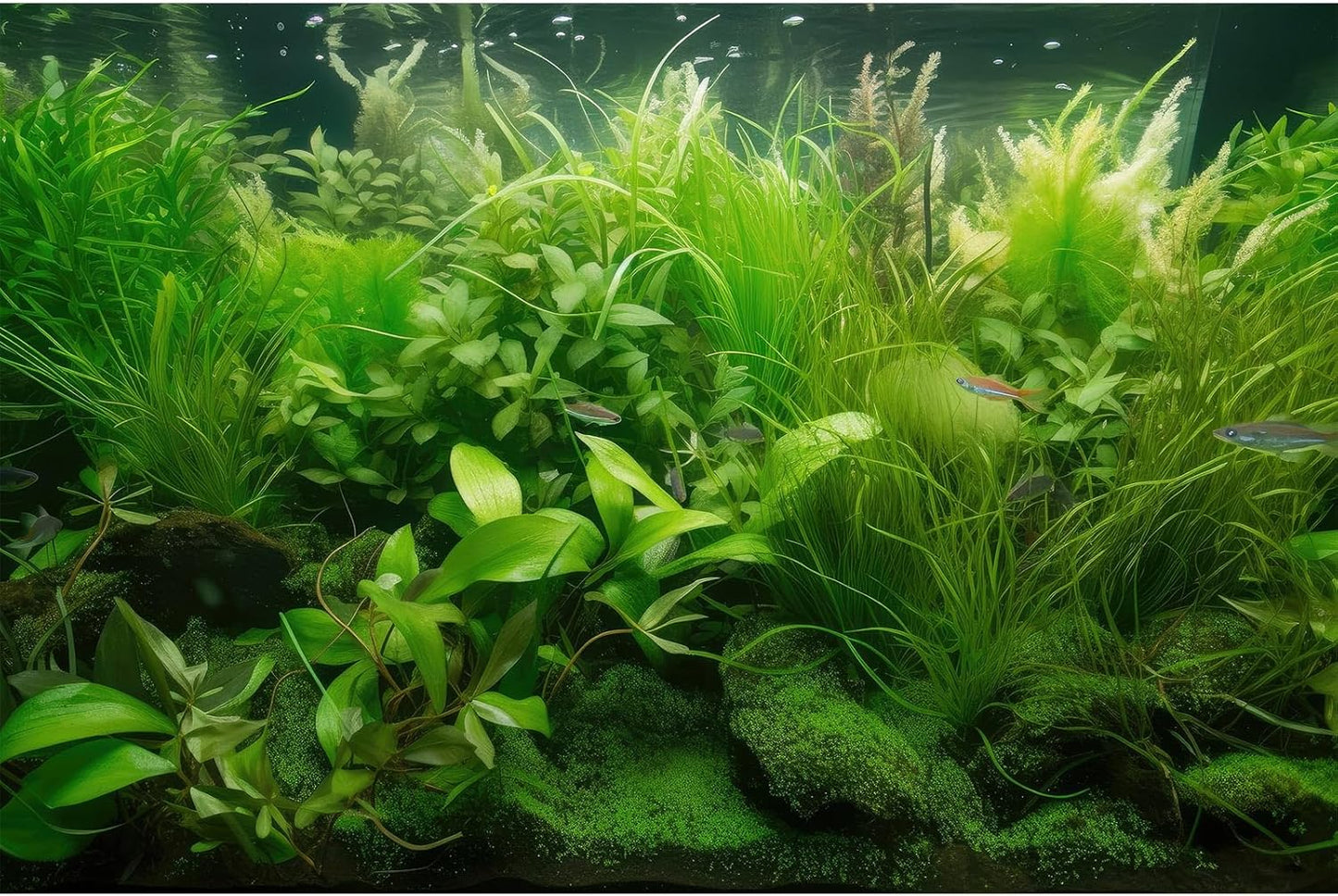 Aquarium Background Diverse Collection of Aquatic Plants Seagrasses Terrarium Background Redwood Root Moss Tropical Style Underwater Lush Green Plants Fish Tank Background Wallpaper Poster 48x20in