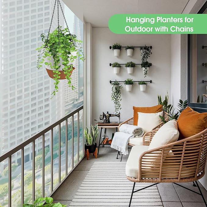 Hanging Planters for Indoor Outdoor Plants, 2 Pack Self Watering Hanging Pot with Drainage Holes, Removable Tray & 2 Kinds of Plant Hangers, 10'' Hanging Flower Pots for Home Garden Decor, White