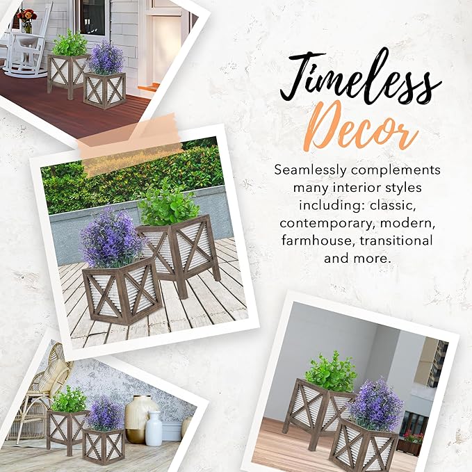 Autumn Alley Farmhouse Front Porch Planters Set of 2 Stand with Galvanized Corrugated Metal Planters for Outdoors/Indoors - Rustic Wood Square Planters Box on Legs – Charming Farmhouse Décor, Brown