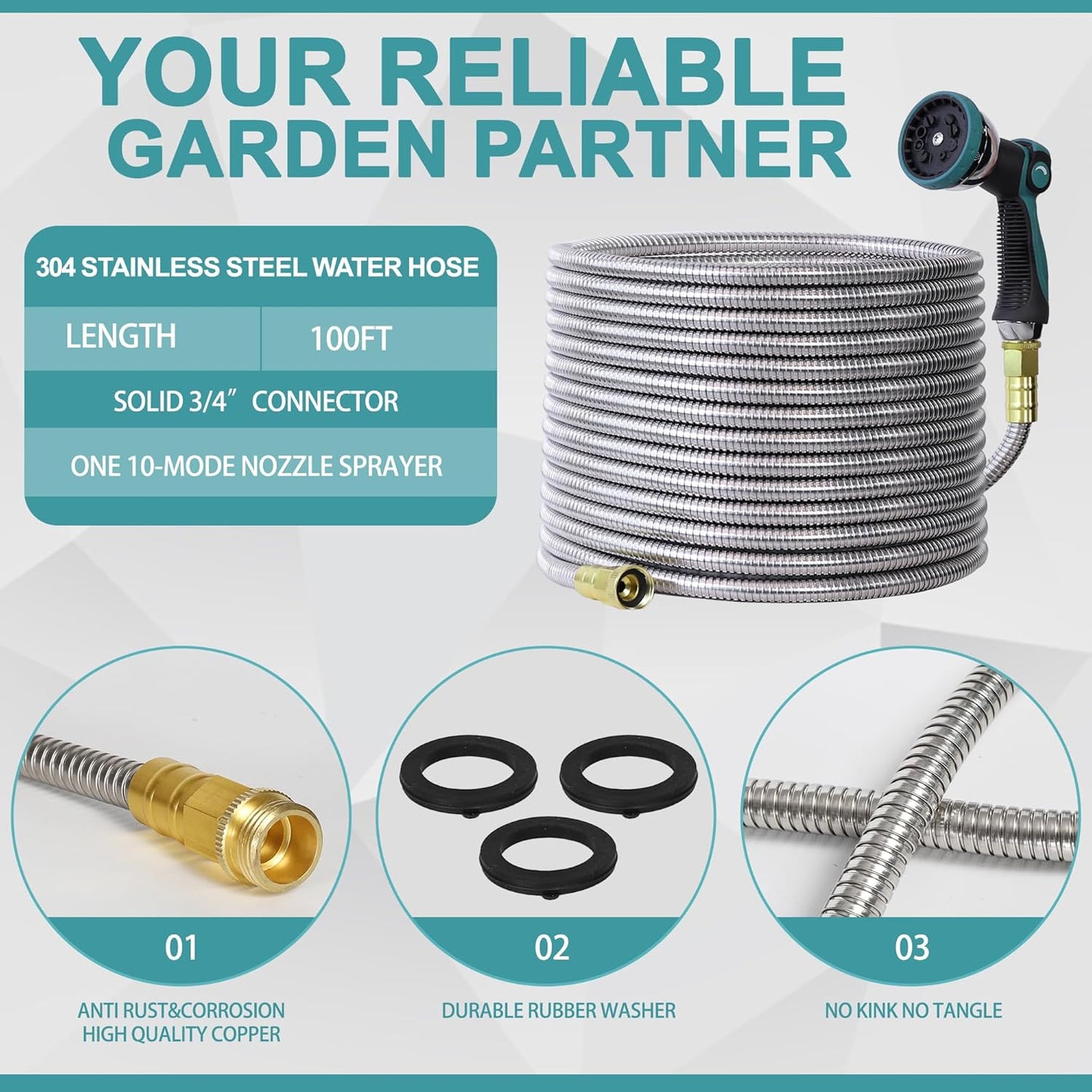 100FT 5/8'' Garden Hose, 304 Stainless Steel Water Hose, Flexible with a 10-Mode Nozzle Sprayer, No Kink, Lightweight, Puncture Proof Metal Hose, Ideal for Yard, Lawn, Outdoor