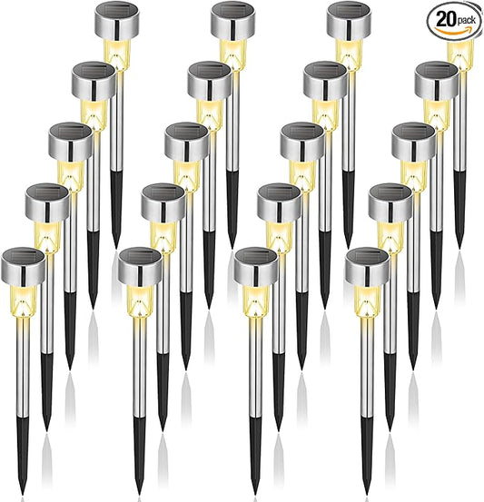 GIGALUMI Solar Pathway Lights 20 Pack, Stainless Steel IP44 Waterproof Auto On/Off Outdoor LED Solar Landscape Lights for Garden, Yard, Patio, Path and Walkway. (Warm White)